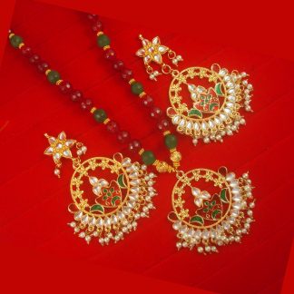 Bollywood Style Maroon Green Onyx Pendant Necklace Earring Set NH48