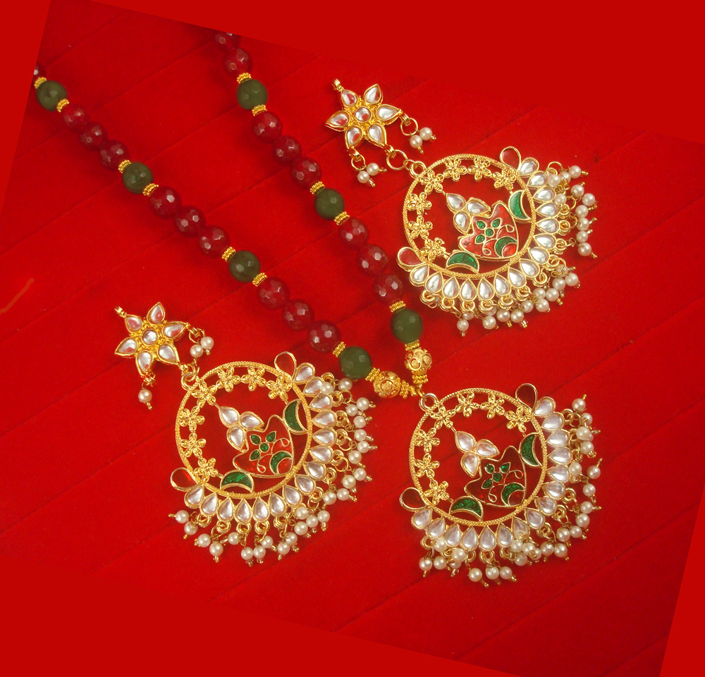 Bollywood Style Maroon Green Onyx Pendant Necklace Earring Set NH48