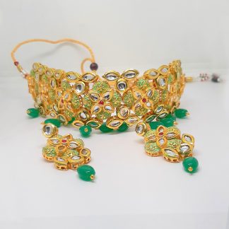 Designer Flower Shape Choker Greeen Onyx Necklace For Bridals NH39