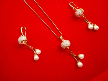 Designer Party Wear Zircon White Hanging Pearl Pendant Set Diwali Gift ZR71