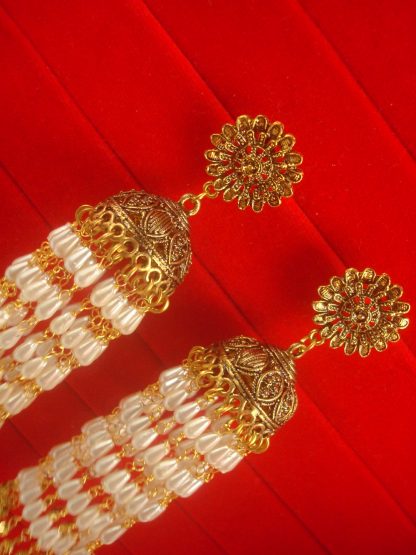 Golden Bollywood Royal Look Flower long Pearl Chain Earring JH90