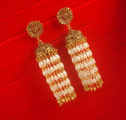 Golden Bollywood Royal Look Flower long Pearl Chain Earring JH90