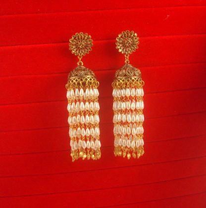 Golden Bollywood Royal Look Flower long Pearl Chain Earring JH90