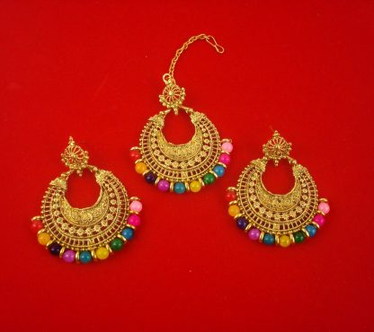 Round Multi color Beads Party Wear Earring With Maang Tikka NA94EM