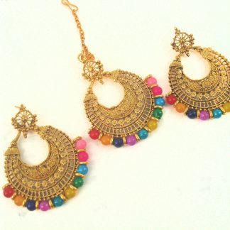 Round Multi color Beads Party Wear Earring With Maang Tikka NA94EM