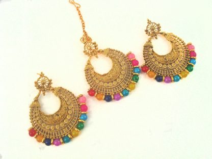 Round Multi color Beads Party Wear Earring With Maang Tikka NA94EM