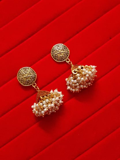Bollywood Style Golden Oxidized White Pearl Cluster Jhumki JH93