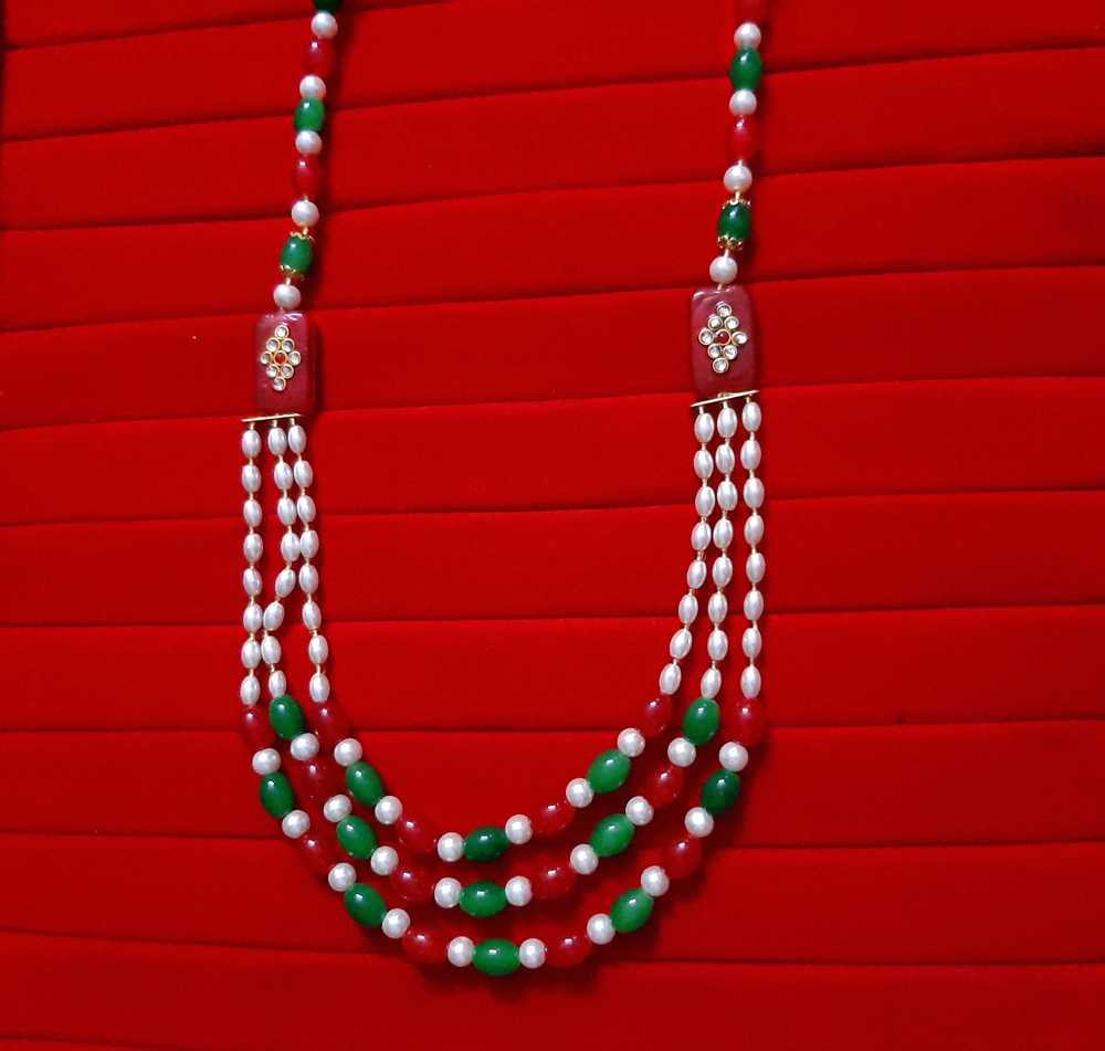 Bollywood Style Red Green onyx Multi Strand Necklace Earring Set NH55