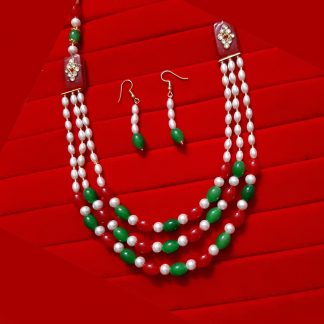 Bollywood Style Red Green onyx Multi Strand Necklace Earring Set NH55