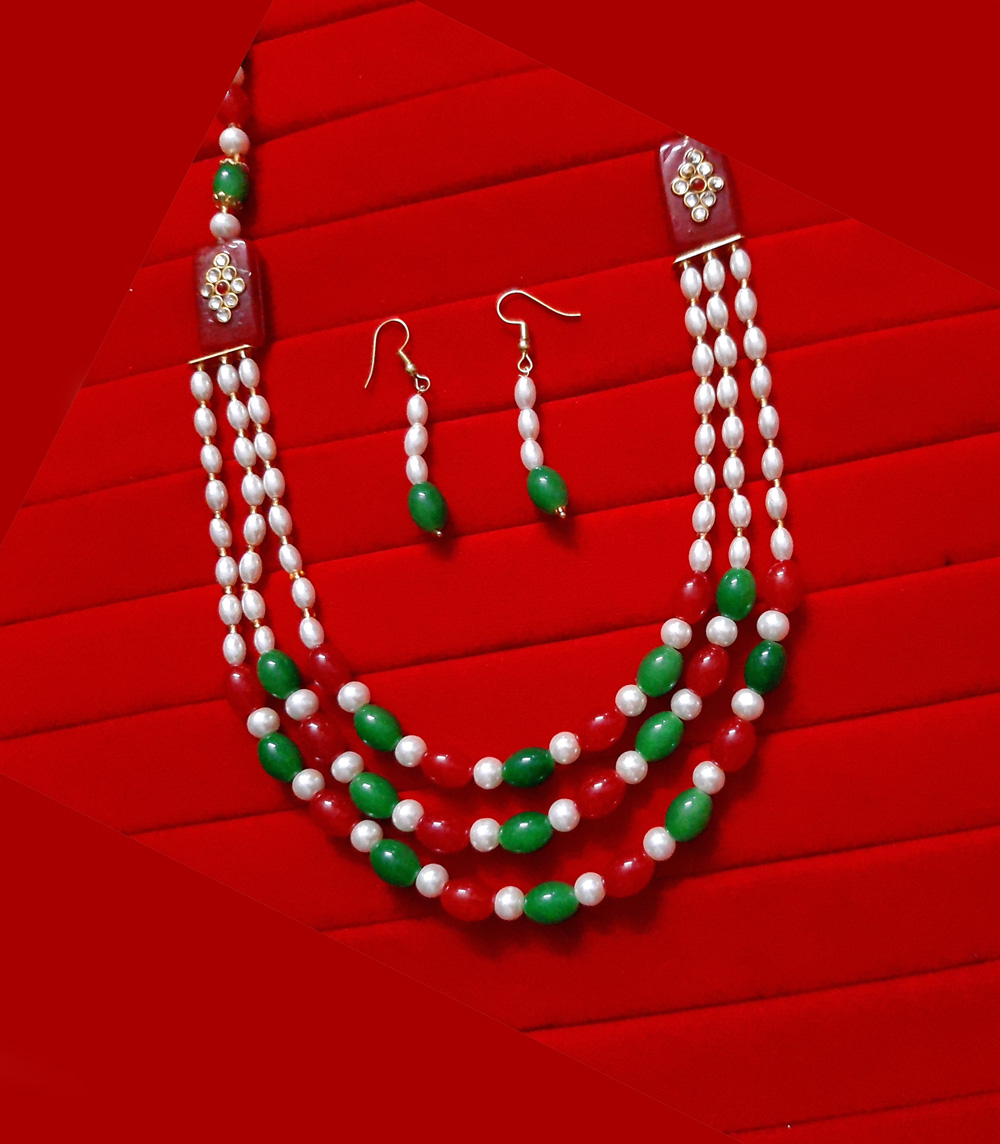 Bollywood Style Red Green onyx Multi Strand Necklace Earring Set NH55