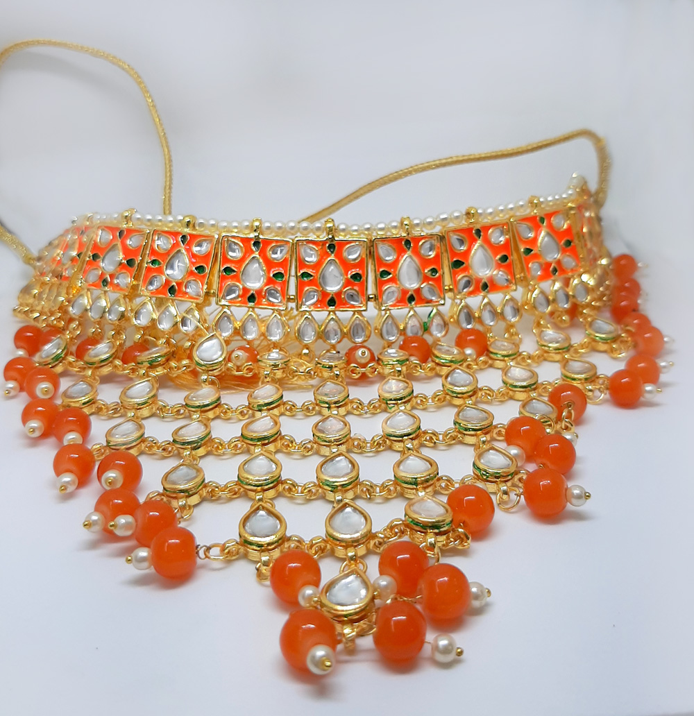 Party Wear Orange Choker Necklace Earring For Karwa Chauth NH52