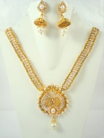 Wedding Wear Golden Long Party Wear Zircon Necklace Earring NH54