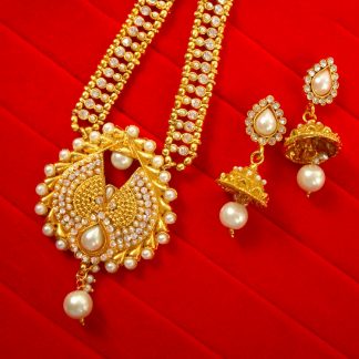 Wedding Wear Golden Long Party Wear Zircon Necklace Earring NH54
