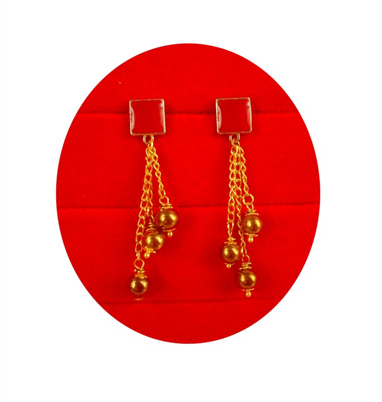 Charming College Wear Red Shade Earring With Golden Hanging Balls Christmas Gift For Her FE75