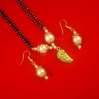 Designer Classy Creamy Pearl Pendant Mangalsutra Earring With Double Line Chain Diwali Gift For Wife DM45