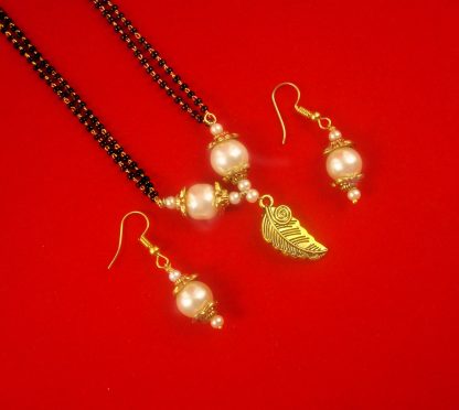Designer Classy Creamy Pearl Pendant Mangalsutra Earring With Double Line Chain Diwali Gift For Wife DM45