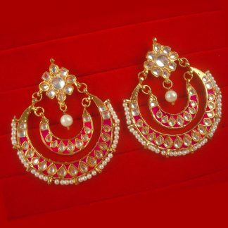 Designer Pink Fashion Gold Plated Round Kundan Earrings For Women Gift For Chritsmas KE44B
