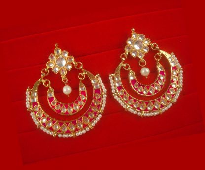 Designer Pink Fashion Gold Plated Round Kundan Earrings For Women Gift For Chritsmas KE44B