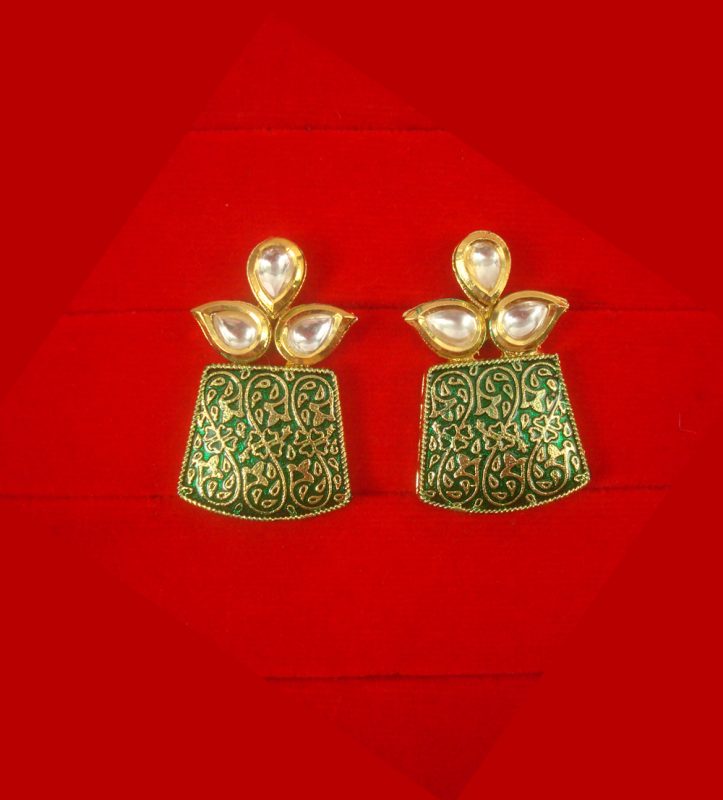 Ethnic Indian Look Traditional Wear Premium Kundan Green Earring Set Christmas Gift For Wife NH69E