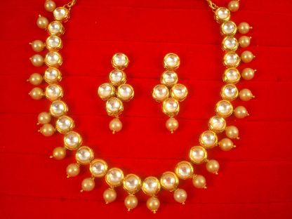 Imitation Jewlery Designer Round Kundan With Golden Drop Pearl Necklace Earring Set Diwali Gift For Wife NH63