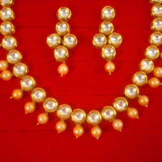 Imitation Jewlery Designer Round Kundan With Golden Drop Pearl Necklace Earring Set Diwali Gift For Wife NH63