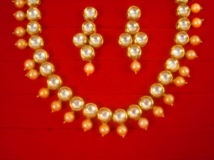 Imitation Jewlery Designer Round Kundan With Golden Drop Pearl Necklace Earring Set Diwali Gift For Wife NH63