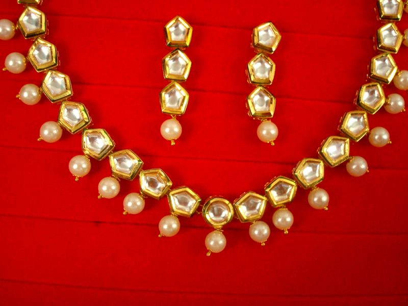 Indian Imitation Jewelry in Pentagon Kundan With White Pearl Drop Necklace Earring Set Diwali Gift For Her NH65