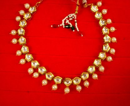 Indian Imitation Jewelry in Pentagon Kundan With White Pearl Drop Necklace Earring Set Diwali Gift For Her NH65