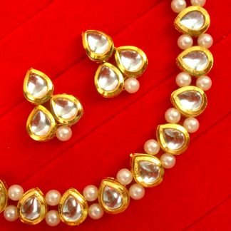 Indian Imitation Jewelry Leaf Kundan Pearl Necklace in Round Shape Elegant Diwali Gift For Wife NH66