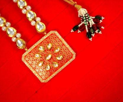 Indian Style Red Zircon Pendant With Handmade Leaf Pearl Chain Anniversary Gift For Wife NH58