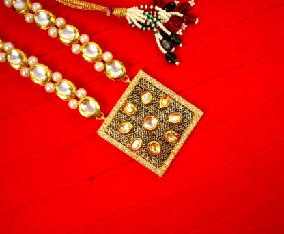 Traditional Indian Style Blue Zircon Square Pendant With Handmade Oval Kundan Pearl Chain Diwali Gift For Wife Nh61