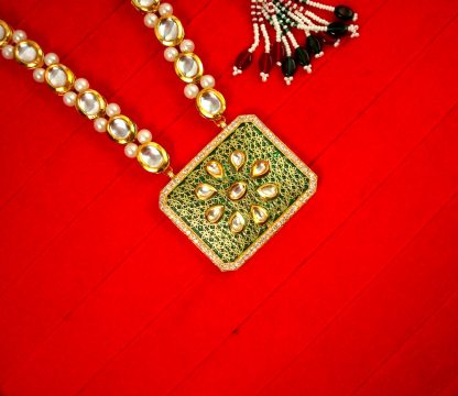 Traditional Indian Style Green Zircon Pendant With Handmade Leaf Pearl Chain Diwali Gift For Wife Nh60