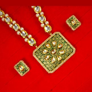 Traditional Indian Style Green Zircon Pendant With Handmade Leaf Pearl Chain Diwali Gift For Wife Nh60