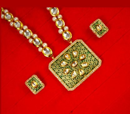 Traditional Indian Style Green Zircon Pendant With Handmade Leaf Pearl Chain Diwali Gift For Wife Nh60
