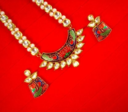 Traditional Royal Look Kundan Pearl Chain Necklace With Peacock Pendant Diwali Gift For Wife NH62U