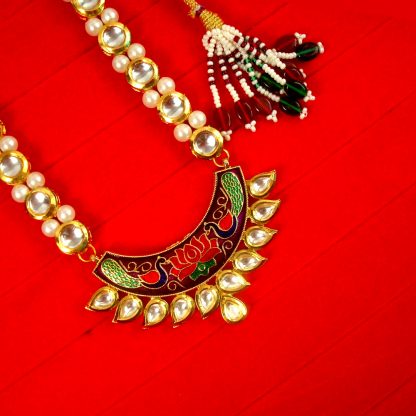 Traditional Royal Look Kundan Pearl Chain Necklace With Peacock Pendant Diwali Gift For Wife NH62U