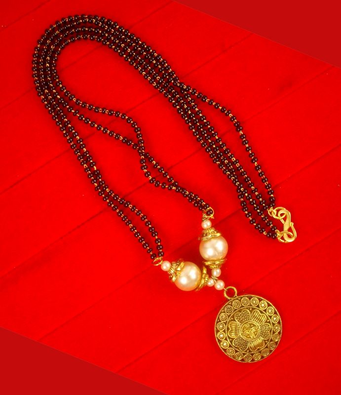 Designer Unique Daily Wear Creamy Golden Pendant Mangalsutra With Double Line Chain Christmas Gift For Her DM38B