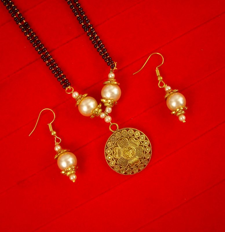 Designer Unique Daily Wear Creamy Golden Pendant Mangalsutra With Double Line Chain Christmas Gift For Her DM38B