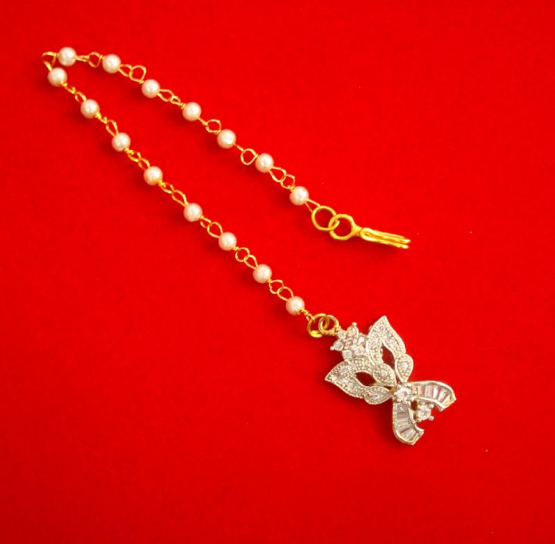 Flower Designer Zircon Tiny Maang Tikka With Pearl Chain For Girls Christmas Gift For Her ZMG37