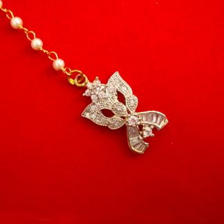 Flower Designer Zircon Tiny Maang Tikka With Pearl Chain For Girls Christmas Gift For Her ZMG37