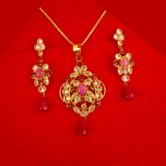 Imitation Jewelry Designer Pink Maroon Premium Stone Pendant Earring Set Valentine Gift For Her PP11