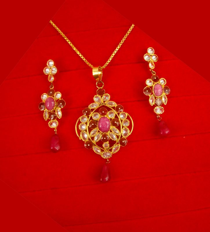 Imitation Jewelry Designer Pink Maroon Premium Stone Pendant Earring Set Valentine Gift For Her PP11