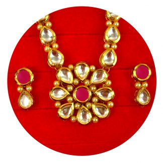 Imitation Jewelry Handmade Traditional Premium Kundan Flower Pendant Earring Necklace Set Christmas Gift For Her NH83