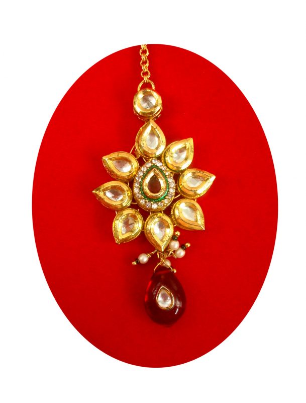 Imitation Jewelry Traditional Premium  Kundan Carving Flora Shape Maang Tikka with Pearls Special Christmas Gift For Her KM13