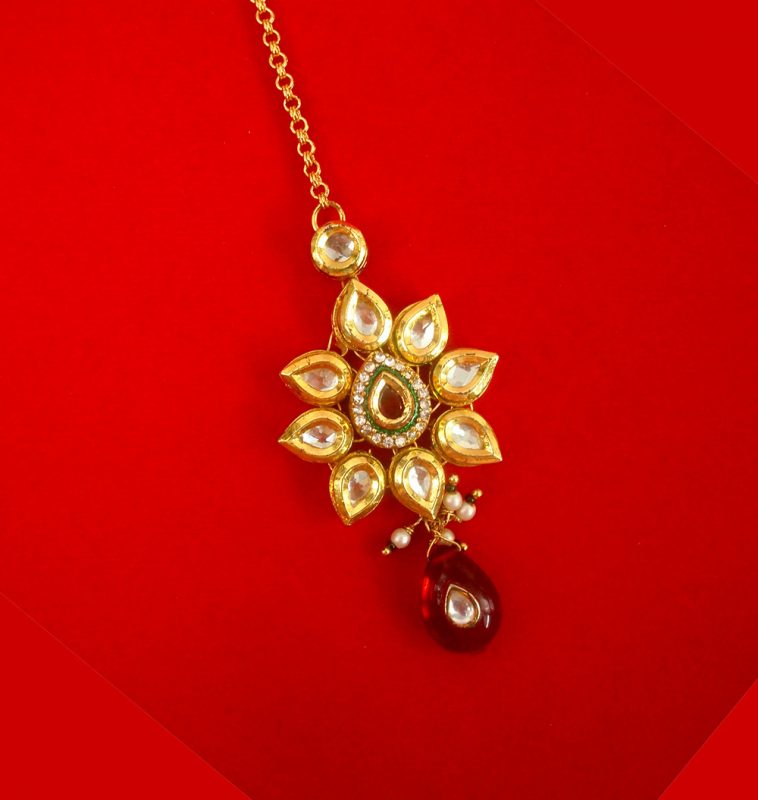 Imitation Jewelry Traditional Premium  Kundan Carving Flora Shape Maang Tikka with Pearls Special Christmas Gift For Her KM13