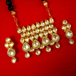 Imitation Jewelry Wedding Wear Kundan Necklace Earring Set With Green Onyx Chain New year Gift NH82