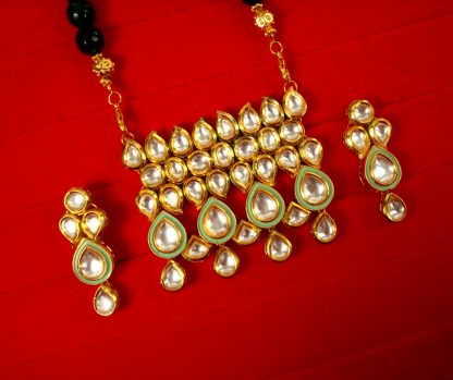 Imitation Jewelry Wedding Wear Kundan Necklace Earring Set With Green Onyx Chain New year Gift NH82