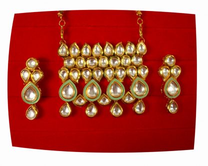 Imitation Jewelry Wedding Wear Kundan Necklace Earring Set With Green Onyx Chain New year Gift NH82