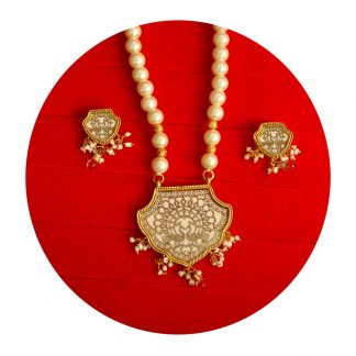 Imitation Jewelry White Glass Meenakari Jaipur Thewa Art Pendant With Pearl Necklace Chain Earrings Set for Women Christmas Gift For Wife NH76