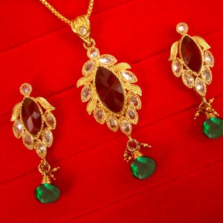 Imitation Jewlery Charming Golden Maroon Crystal Green Hanging Pendant Earring Set Christmas Celebration PP12